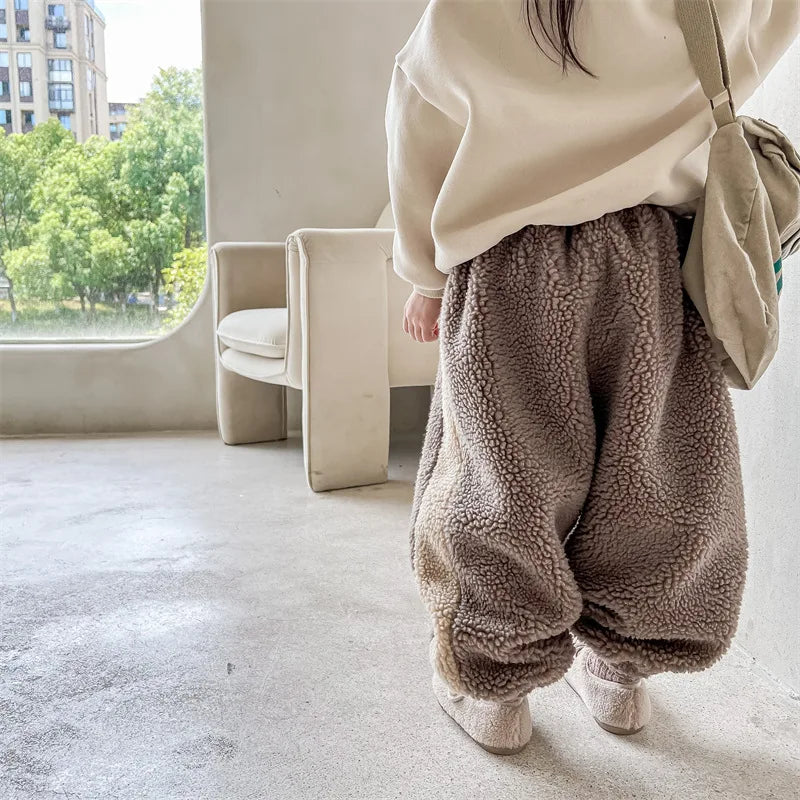 2025 Winter New Children Warm Trousers Baby Loose Lamb Fleece Pants Toddler Girls Casual Pants Solid Baby Boys Harem Pants