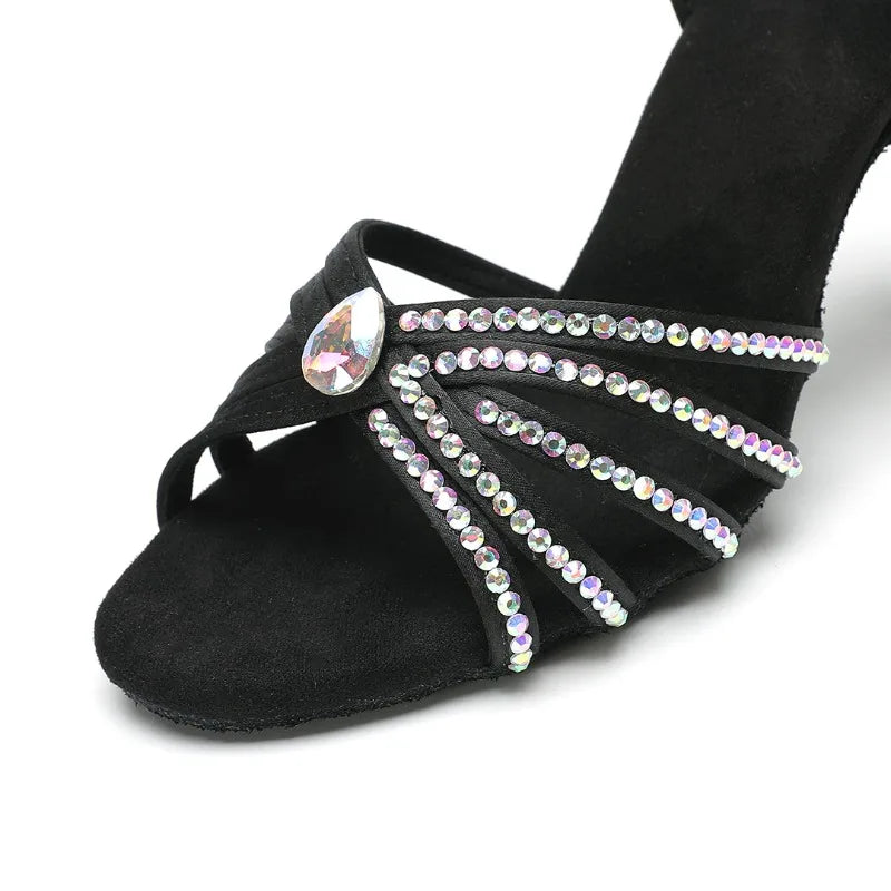 New Diamond Studded Satin High Heels Dance Shoes Fashion Black Brown Crystal Rhinestone Sparkling Latin Dance Performance Shoes
