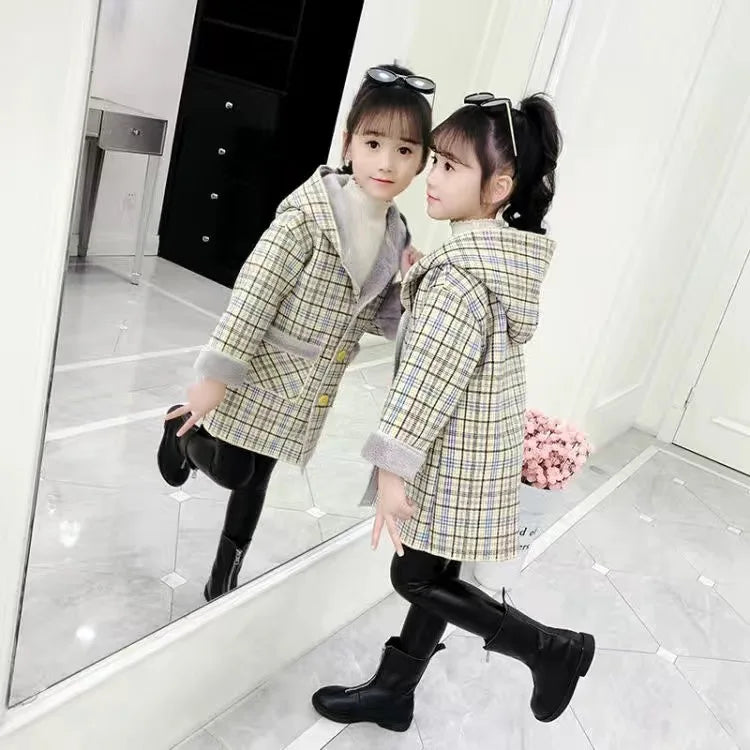Fashion Girls clothing Jackets Autumn Winter parka Clothes Medium Long coat windbreaker Plaid Thicken Lamb Children Woolen Coats
