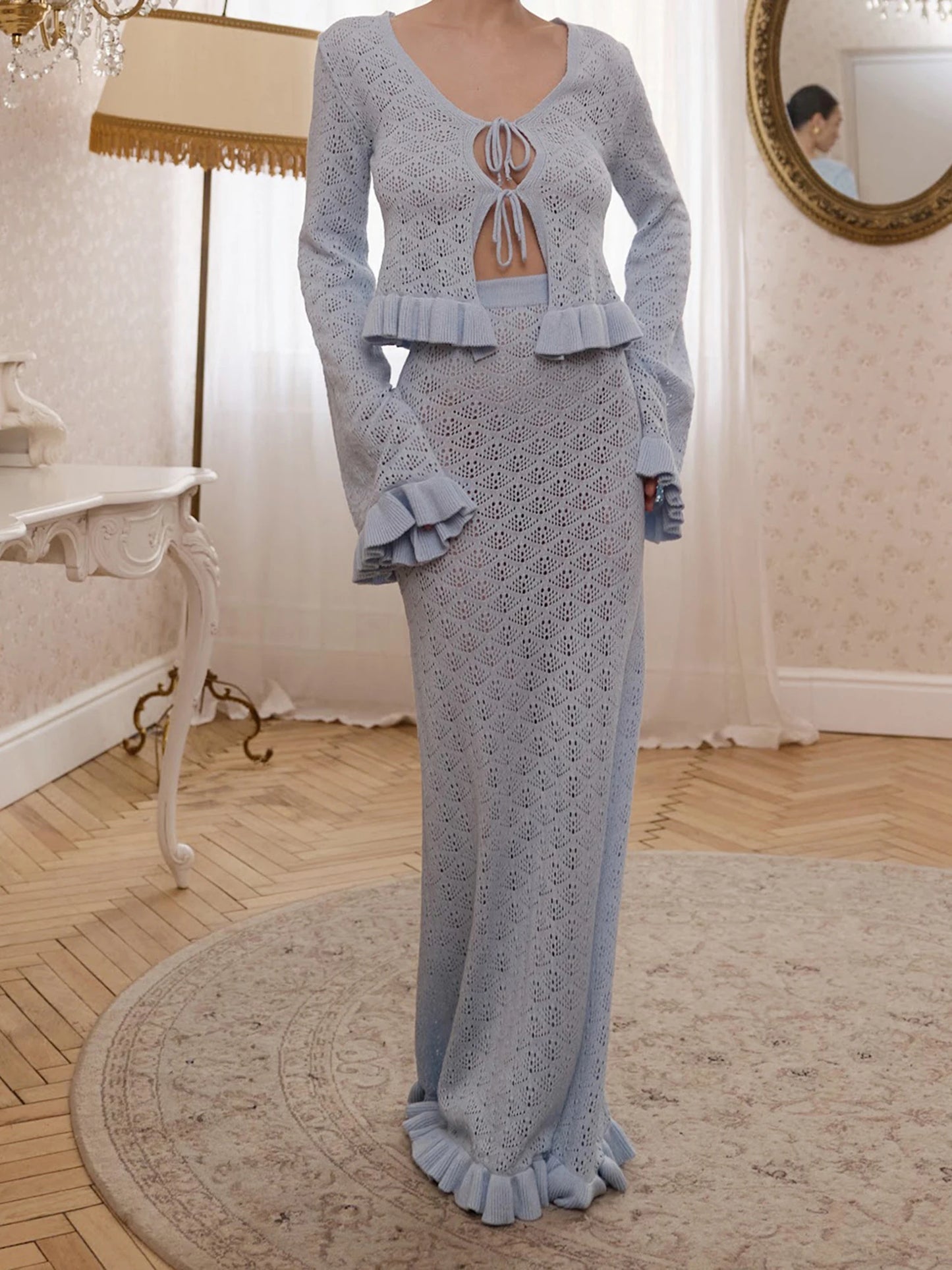 Women s Two Piece Outfit Stylish Long Sleeve Tie Front Top with Ruffled Bodycon Skirt Set for a Chic Look