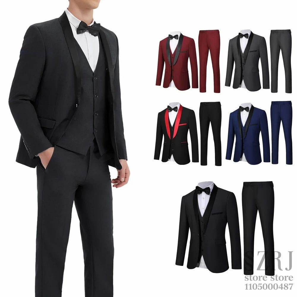 Men's 5-Piece Business Suit Set: Jacket+Vest+Pants+2 Bow Ties (Red+Blue).Premium, Tailored， For Parties, Weddings, Business.