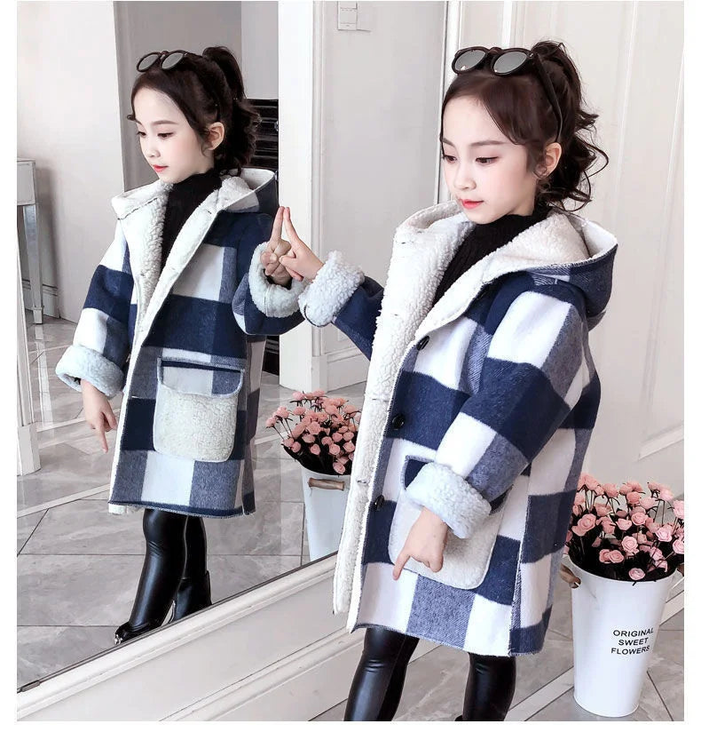 Fashion Girls clothing Jackets Autumn Winter parka Clothes Medium Long coat windbreaker Plaid Thicken Lamb Children Woolen Coats
