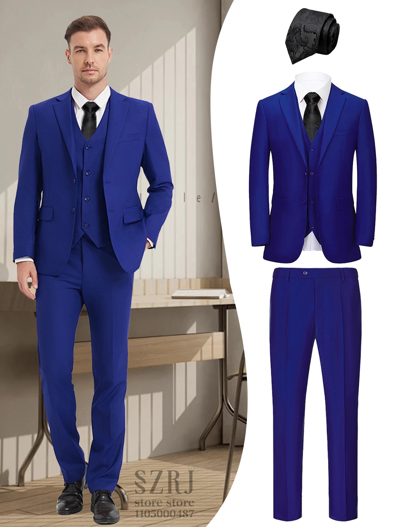 Men's 4-Piece Suit: Jacket+Vest+Pants+Black Tie. V-Neck, Gentleman Style, Premium, Tailored. For Business, Parties, Weddings.