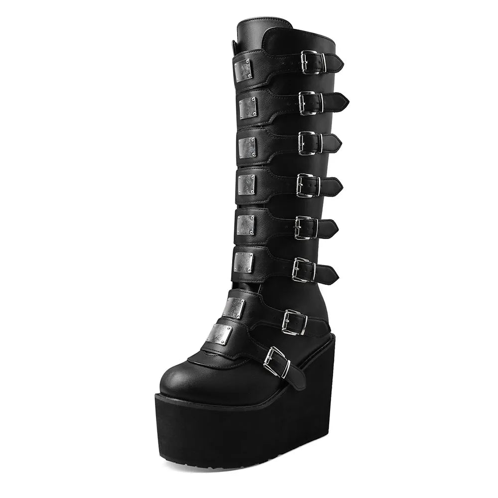 GIGIFOX Women Punk Motorcycle Boots Platform High Wedges Heel Zipper Metal Buckle Mid-Claf Boots Goth Combat Y2K COS Women Shoes