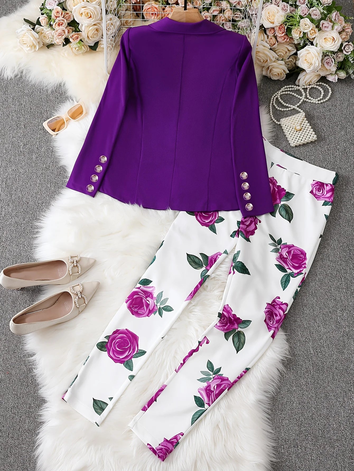 New floral digital print stretch suit hot-selling set