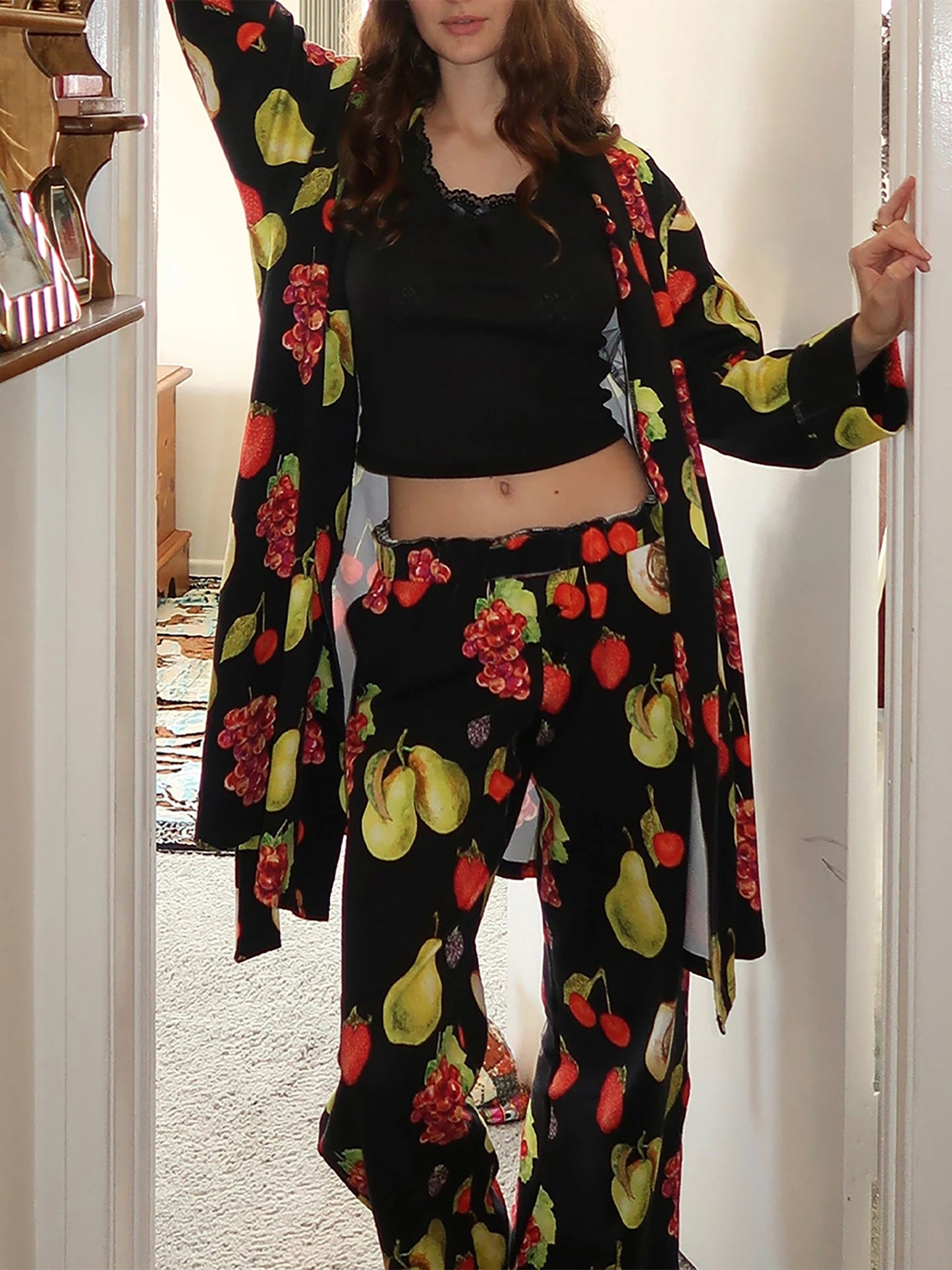 Women’s 2 Piece Weekend Pajama Set Long Sleeve Fruit Cartoon Print Robe Pants Set Loungewear