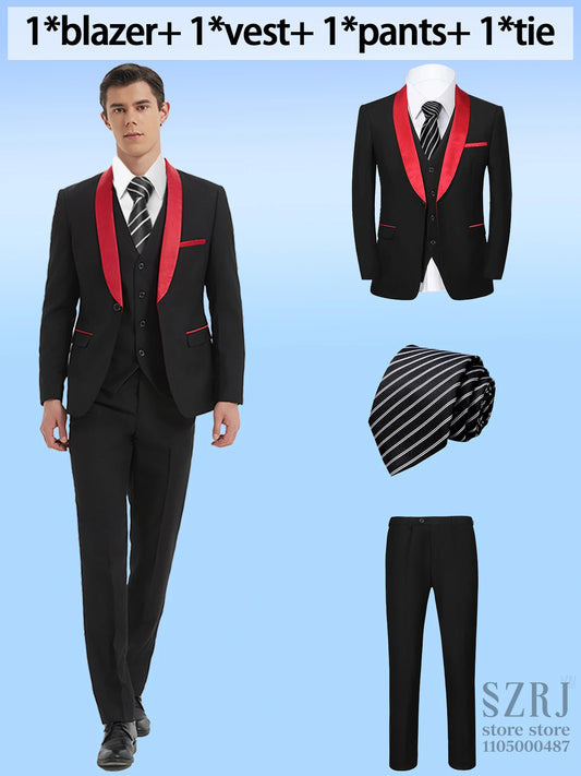 4pcs Men's Suit: Blazer, Vest, Pants, Black Tie.  One Button, Plain Color Tuxedo. Regular Fit. For Wedding, Groomsman Attire.