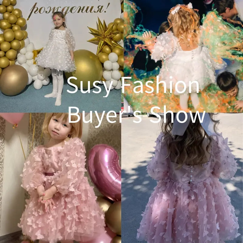 Fashion Baby Girl Princess Butterfly Tutu Dress Puff Sleeve Child Tulle Vestido Pageant Party Birthday Baby Clothes 1-12Y