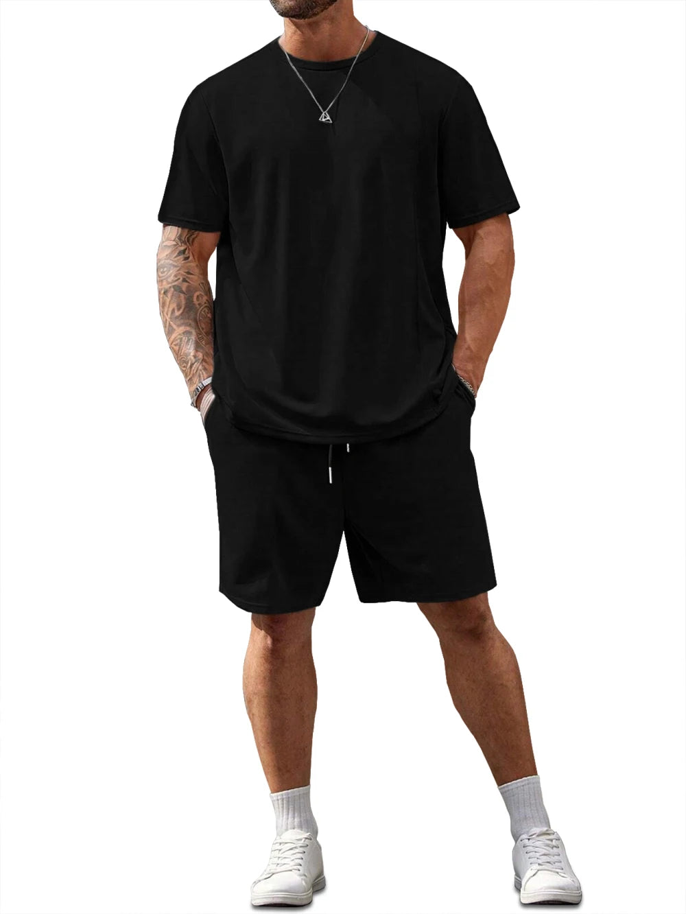 Men's 100 Cotton T-shirt Set Casual Oversized Set Paris Letter Printed Loose Round Neck Short Sleeved T-shirt+shorts Two-piece