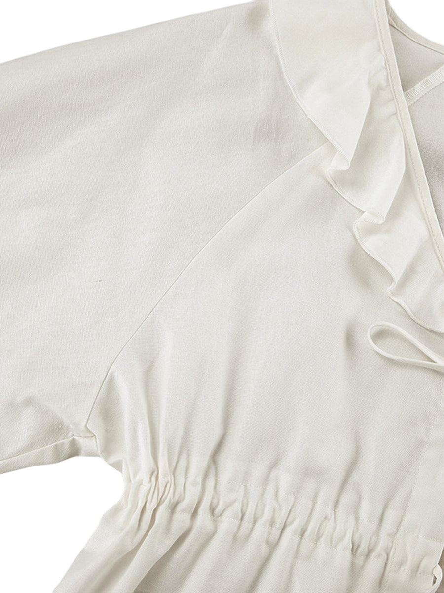 Women 2 Piece Outfits Ruffle Loose Tie Front Long Sleeve Shirt and Casual Elastic Shorts Club Streetwear Summer Clothes