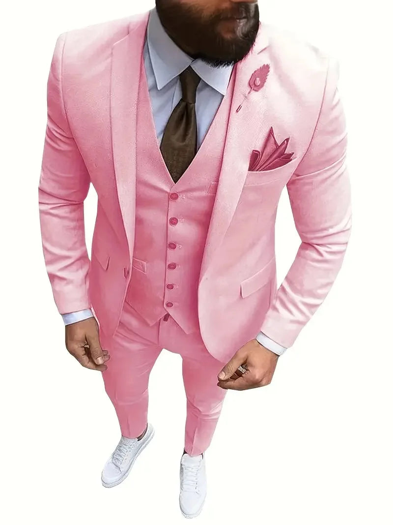 New Men's Suits 3 Pieces Groom Bestman Slim Fit Wedding Prom Party Tuxedo Elegant Formal Events Dress Suit (Blazer+Pants+Vest)