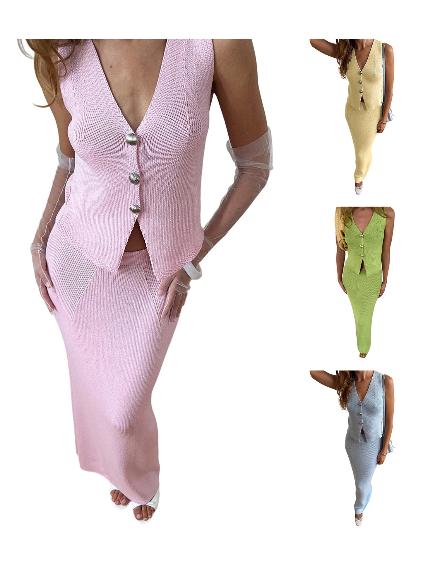 Elegant 2 Piece Knitted Set Sleeveless V Neck Top with Elastic Waist Bodycon Skirt Solid Color Matching Outfit for Women