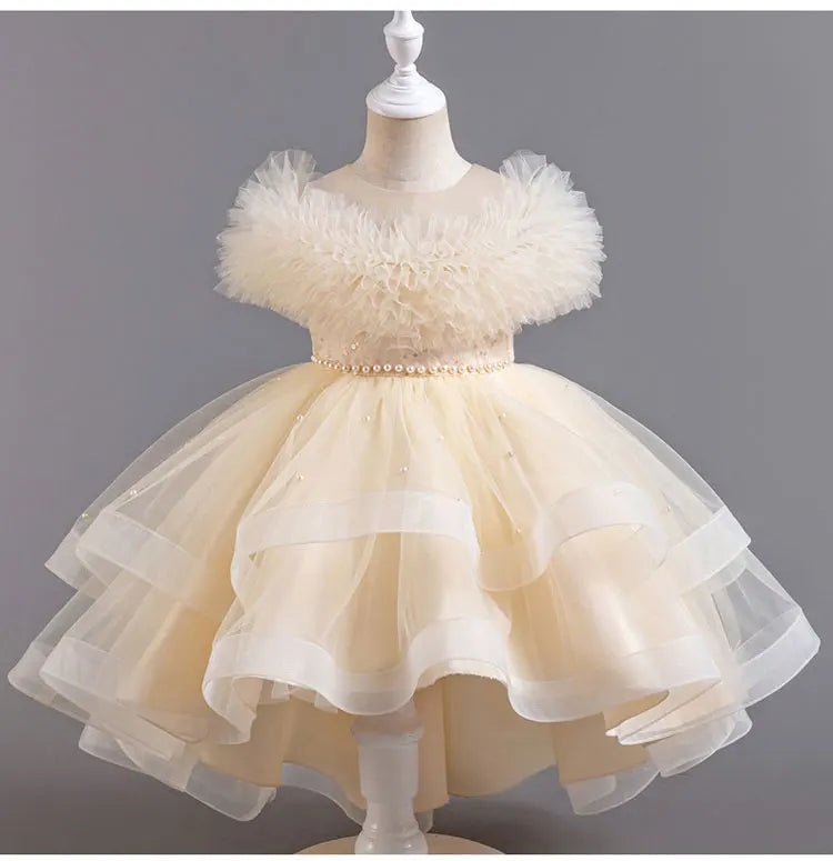 Fashion Solid Color Girl Evening Gown Lace Mesh Sleeveless Party Dress for Kids Girl Summer Children Girls Party Dress 3-12Years