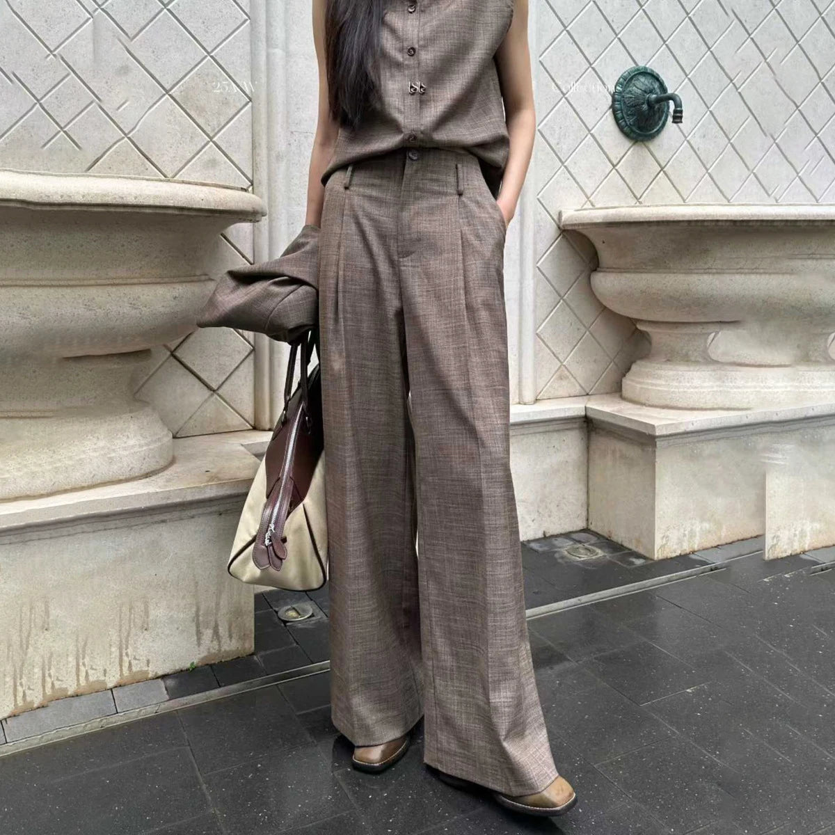 BJTZ Women's 3 Piece Blazer Vest Pants Set Solid Color V Neck Single Breasted High Waist Wide Leg Casual Elegant Spring Autumn