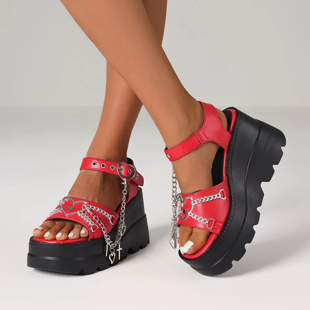 Women's Y2K Platform Goth Summer Sandals Fashion Punk Heart Chain Wedges High Heels Casual Party Street Thick Bottom Sandals