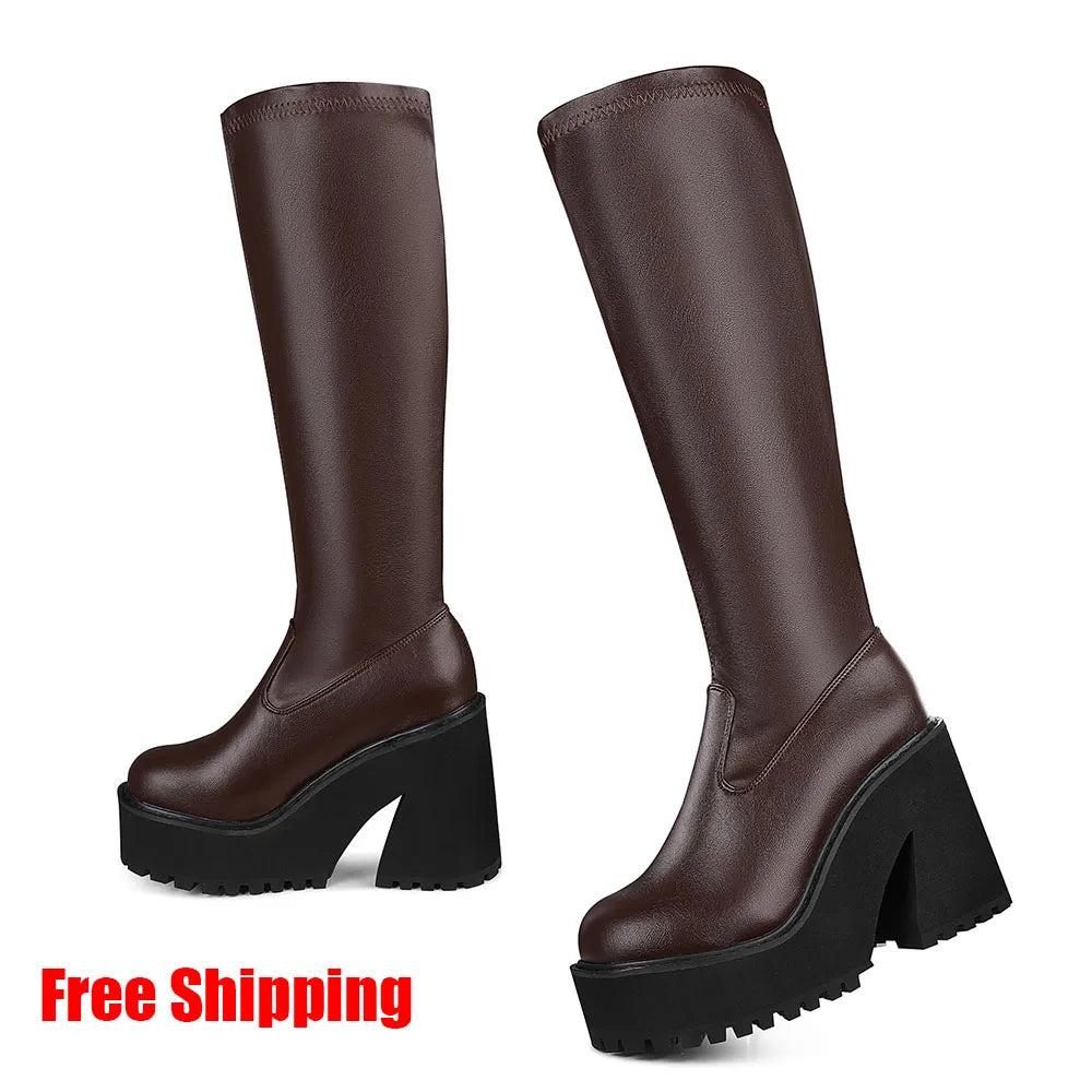 GIGIFOX Chunky High Heeled Punk Platform Boots For Women Round Toe Pull-on Long Boots Knee High Boots For Party Dress Cos Y2K