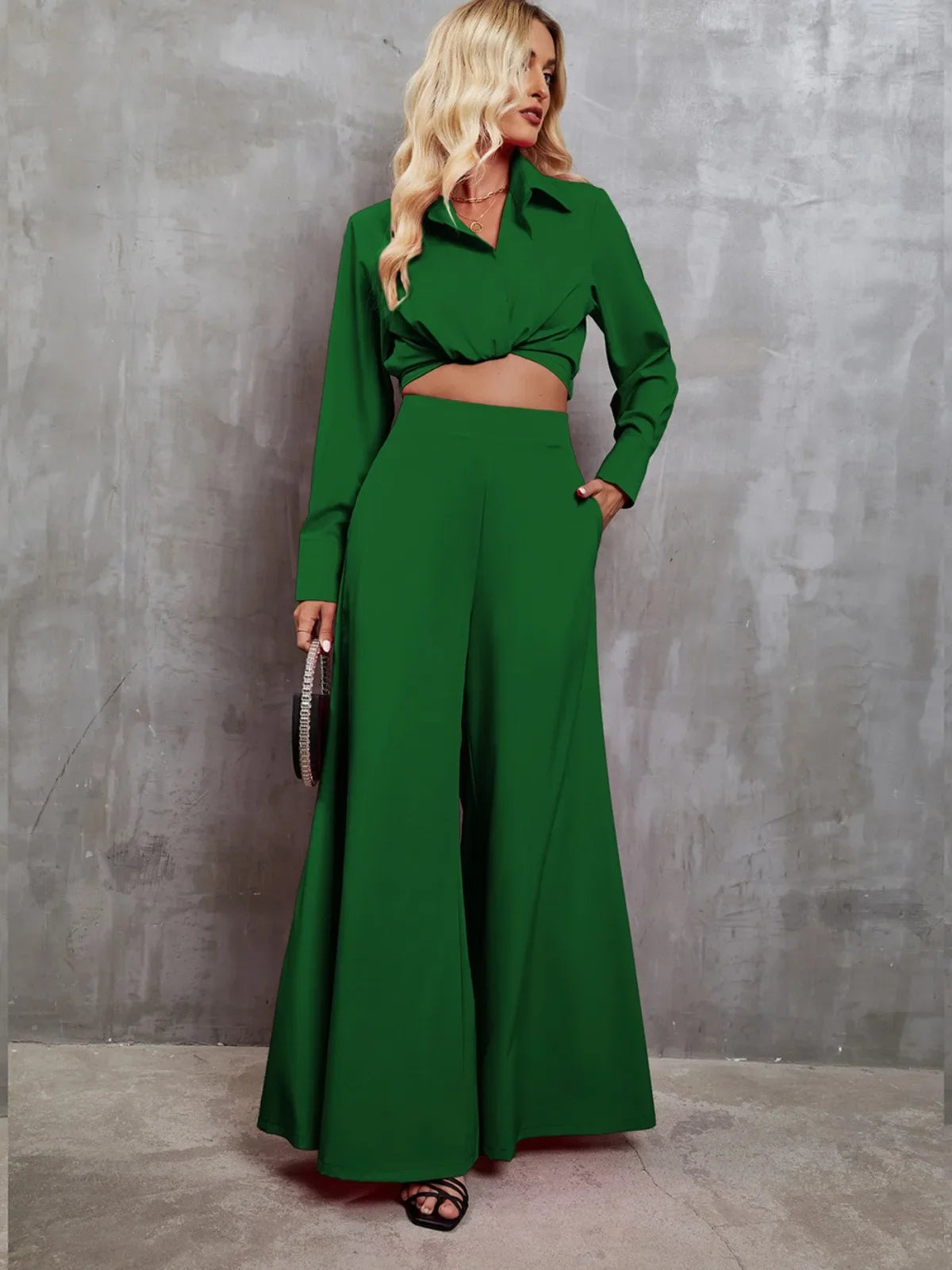 2024 New Women Set Solid Color Long Wide Leg Pants Women's Two-piece Set Fashion Casual Long Sleeves Shirt Jacket Suit Autumn