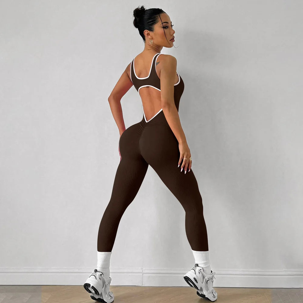 Back V Jumpsuit Women Gym Set Training Yoga Suit Sportswear One Piece Sports Jumpsuit Fitness Rompers Stretch Workout Bodysuits