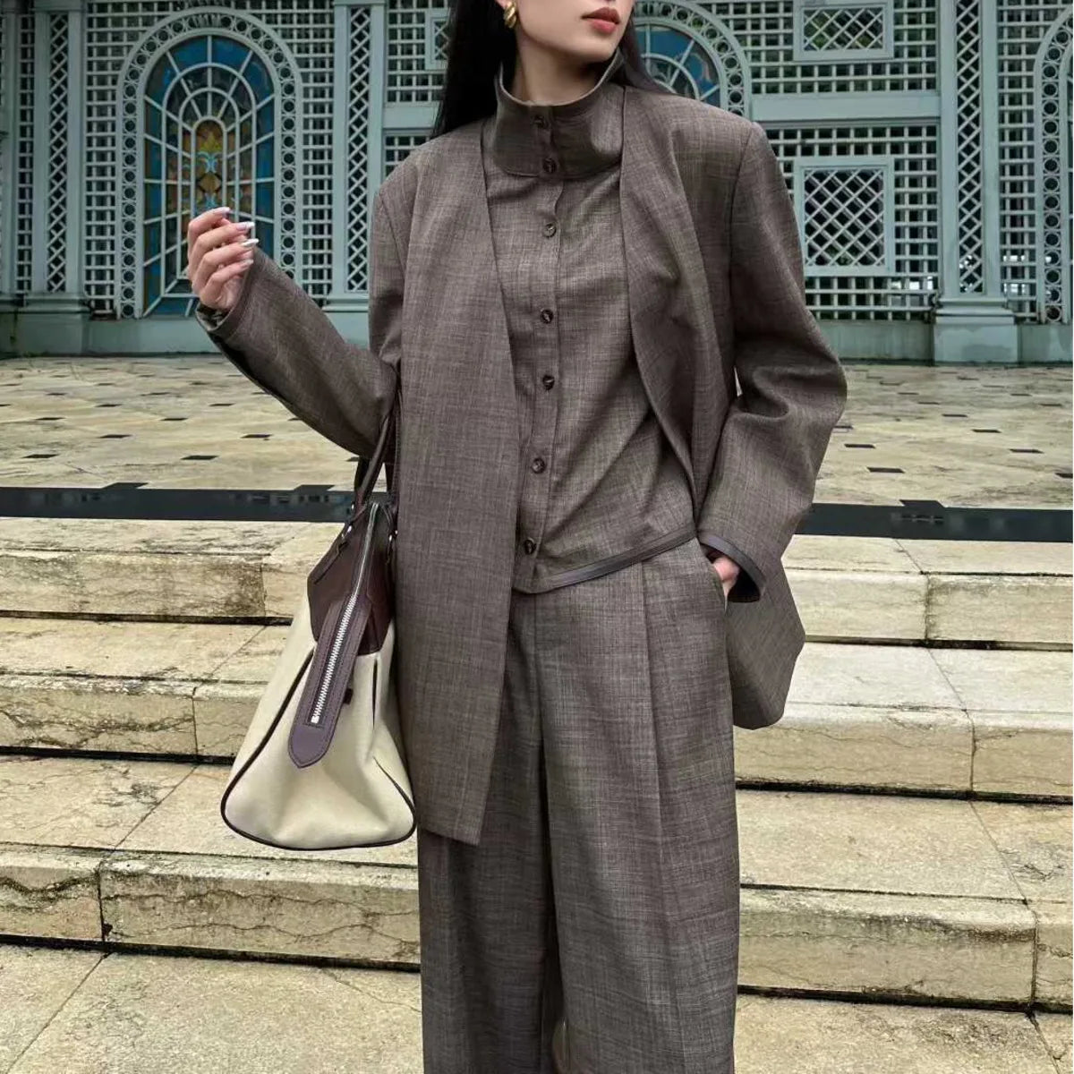 BJTZ Women's 3 Piece Blazer Vest Pants Set Solid Color V Neck Single Breasted High Waist Wide Leg Casual Elegant Spring Autumn