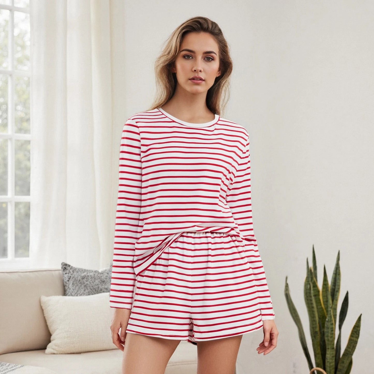 Women s Summer Fashion Stylish Striped Long Sleeve Crew Neck Top and Shorts Set for a Casual and Loose Fit Outfit