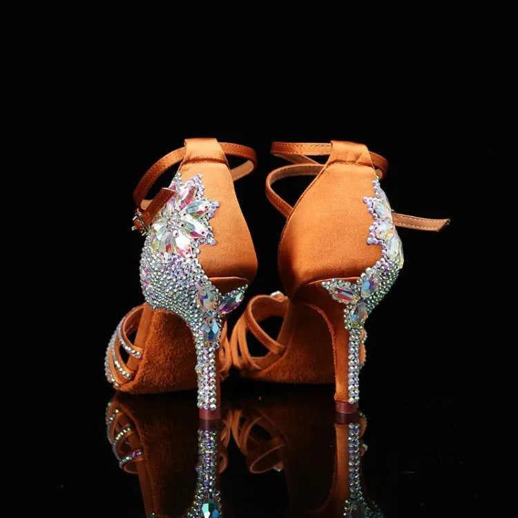 New Diamond Studded Satin High Heels Dance Shoes Fashion Black Brown Crystal Rhinestone Sparkling Latin Dance Performance Shoes