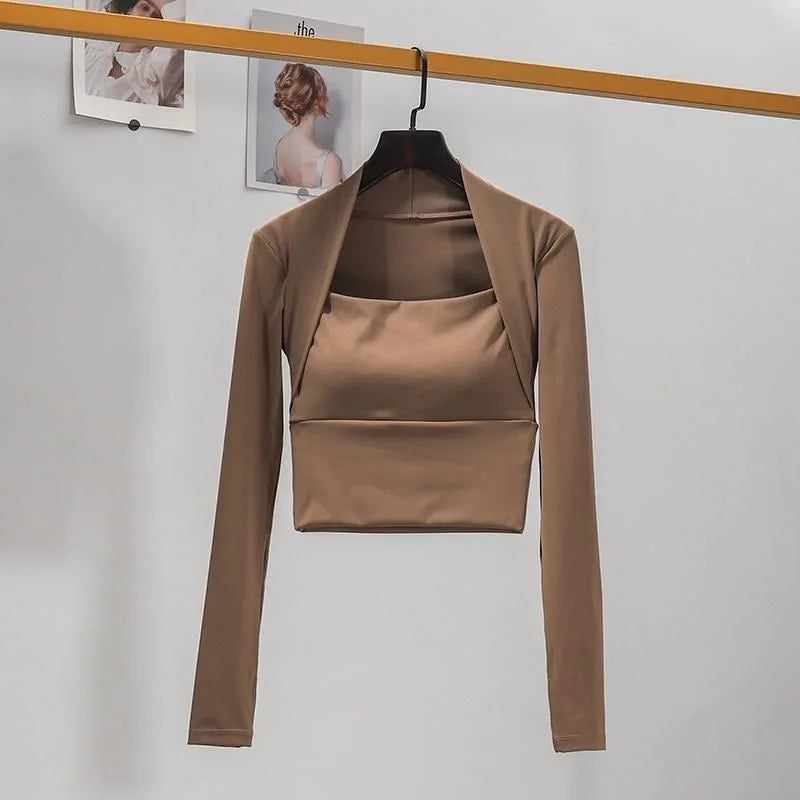 Fitness Chest Cushion Sports Top Women Long Sleeve Shirts Pra Speed Up Short Elegant Dance Yoga Clothes Small Waistband Gym