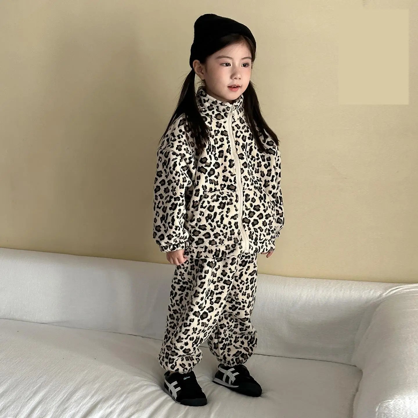 2025 Winter New Children Plus Velvet Thick Clothes Set Leopard Print Boys Girls Fleece Warm Coat + Pants 2pcs Suit Kids Outfits