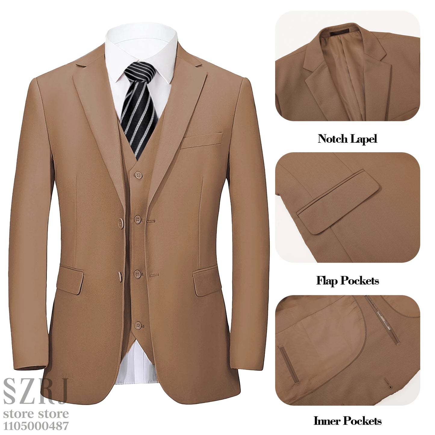 Men's 4-Piece Suit: Jacket+Vest+Pants+golden Tie. V-Neck, Gentleman Style, Premium, Tailored. For Business, Parties, Weddings.