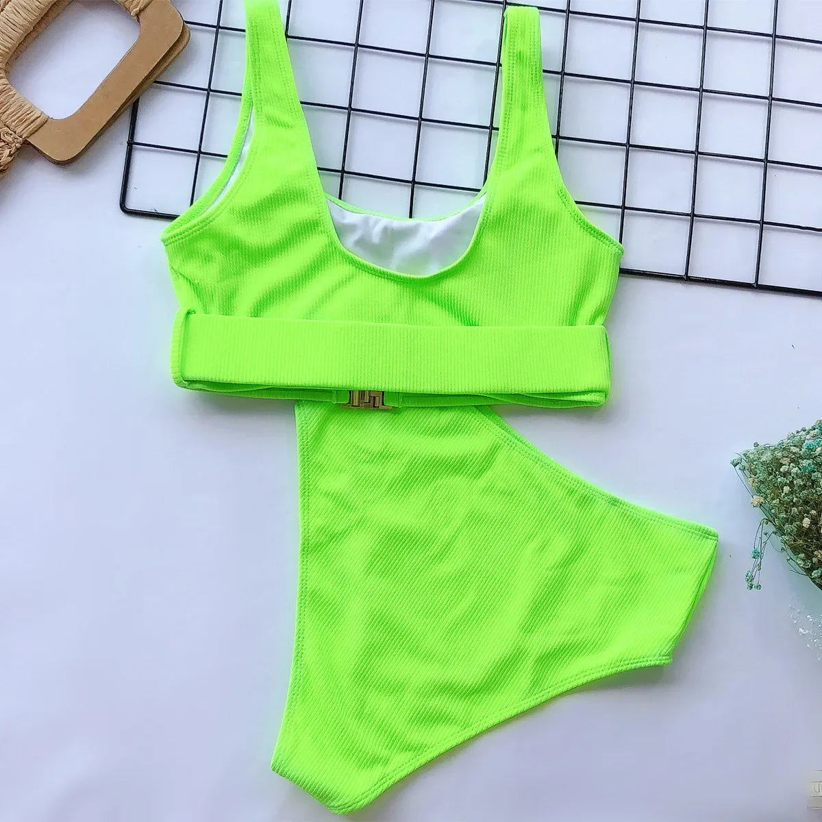 Sexy Neon Green Bikini Set 2022 Women Push Up Buckle Push Up Swimsuit Summer Solid White Bathing Suit Beach High Waist Swimwear