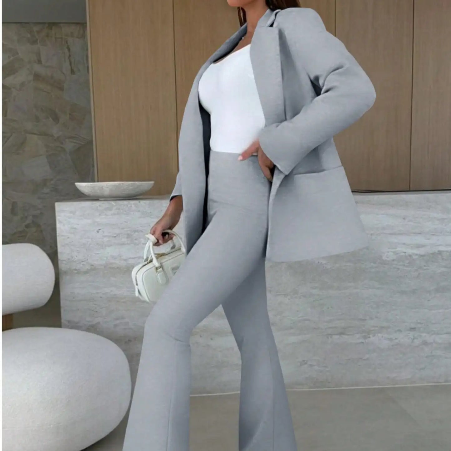 Fisoew Knitted Blazer Set Workwear Office Outfit, Slim-Fit Drapey Lounge Suit, Chic Cozy Aesthetic, Plus Size, Casual Elegance