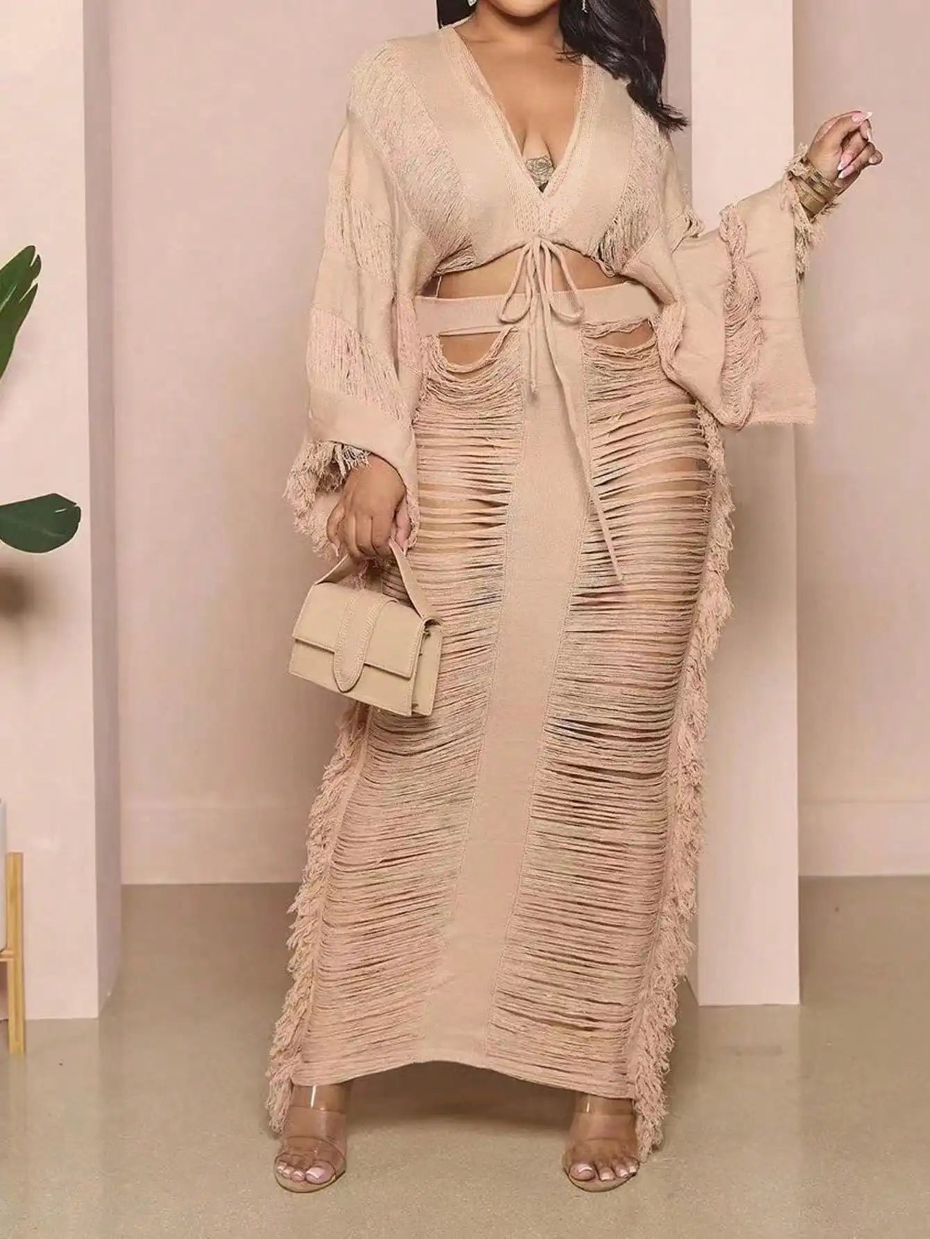 2025 latest women's 2-piece tassel costume long sleeve top and tassel cut-out long skirt