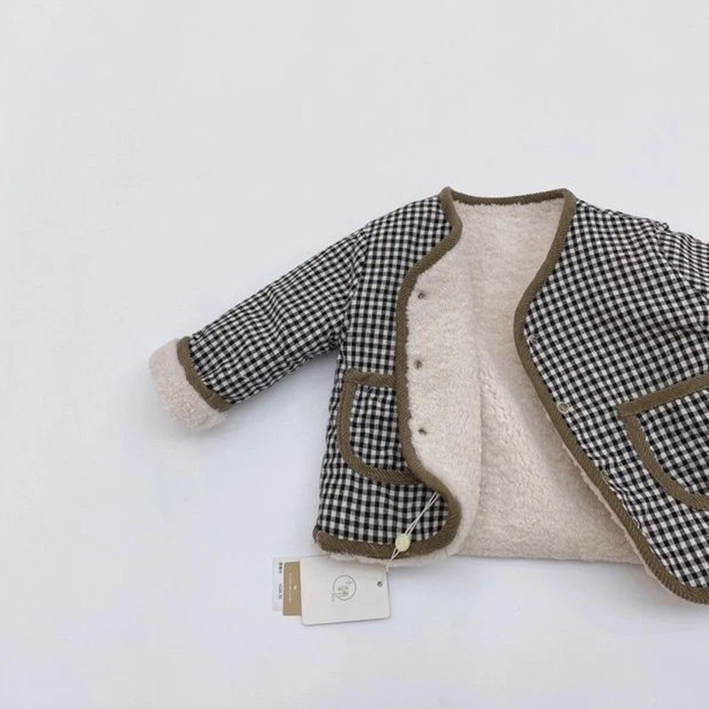 0-6 Years Children's Autumn Winter Warm Double-Side Wear Jacket Girls Fashion Plaid Plush Coat Boys Thicken Outerwear