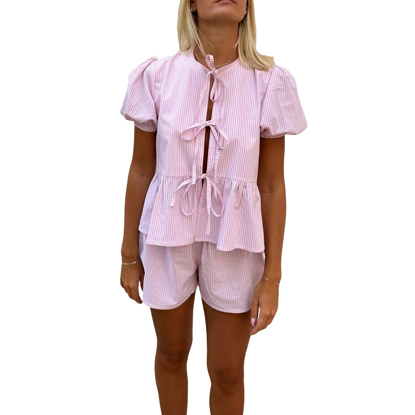 Women’s Casual 2 Piece Outfits Puff Sleeve Tie Knot Front Tops Shorts Set Loungewear