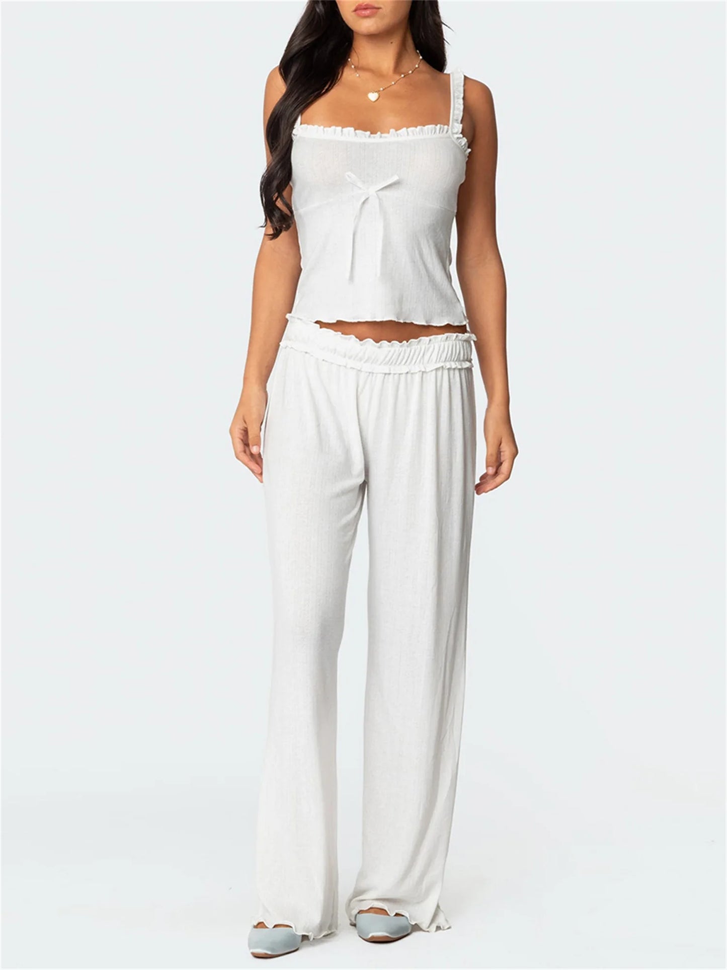 Women s 2-Piece Pajama Set with Lace Trim Square Neck Cami Top and Long Pants Cute Bow Detail Lounge Outfit