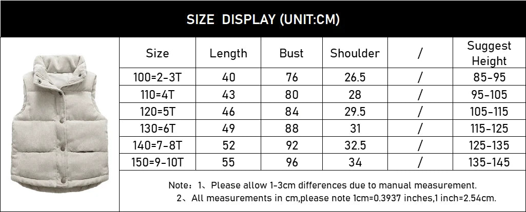 Autumn Winter Boys Girls Cotton Vest Jacket Solid Thick Corduroy Waistcoat For 2-10 Years Kids Birthday Present Child Outwear