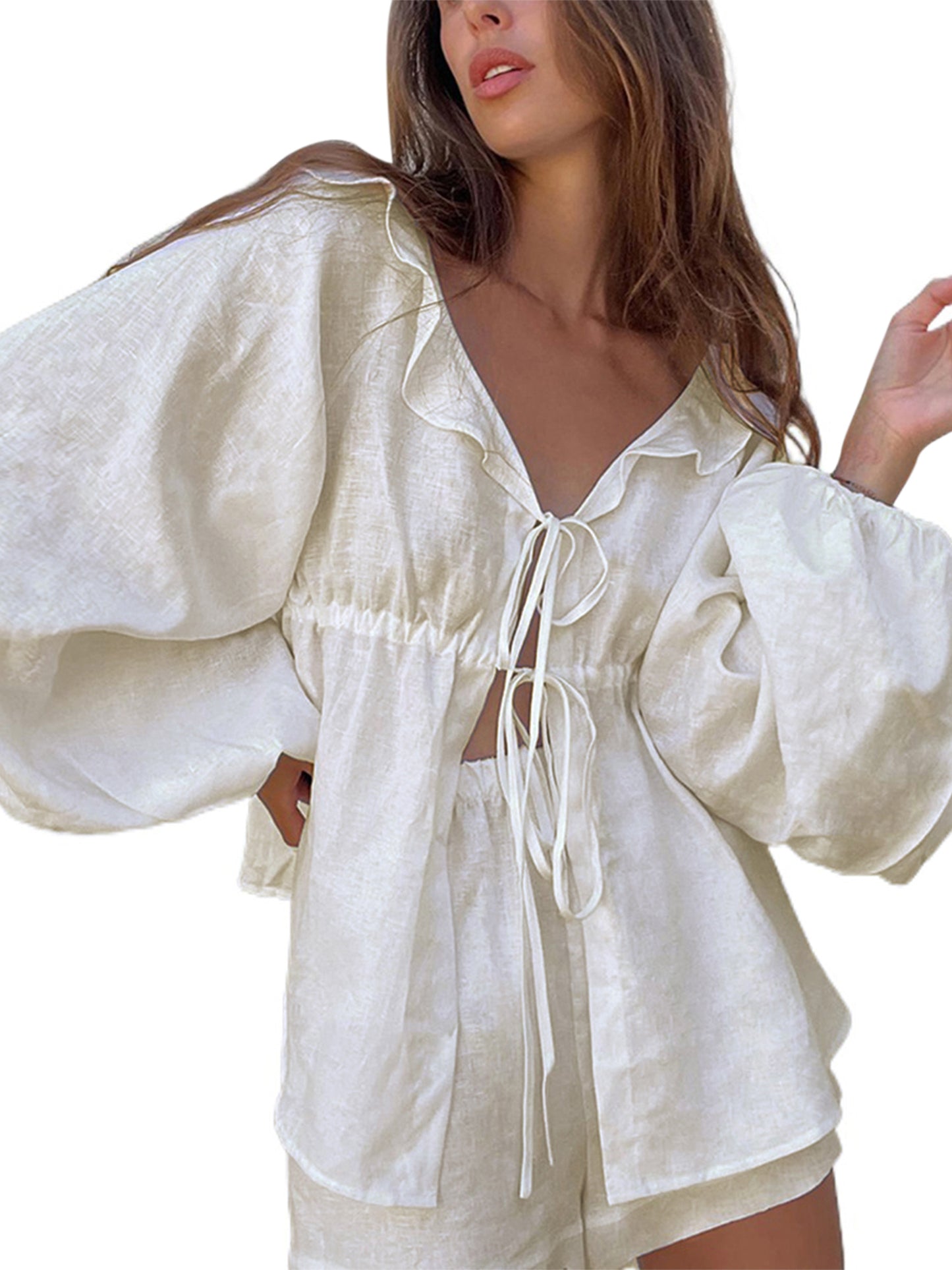 Women 2 Piece Outfits Ruffle Loose Tie Front Long Sleeve Shirt and Casual Elastic Shorts Club Streetwear Summer Clothes