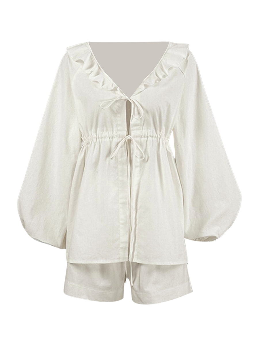 Women 2 Piece Outfits Ruffle Loose Tie Front Long Sleeve Shirt and Casual Elastic Shorts Club Streetwear Summer Clothes