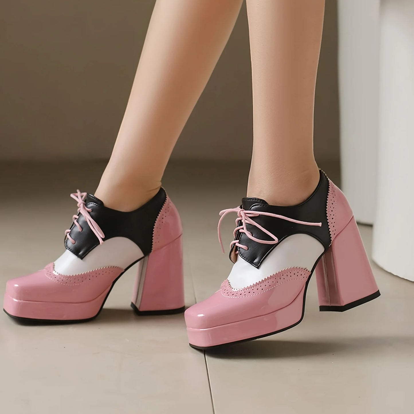 Women's Square Toe Lace-Up Brogue Pumps Fashion Block High Heels Mixed Colors Patchwork British Style Pumps Woman Oxford Shoes