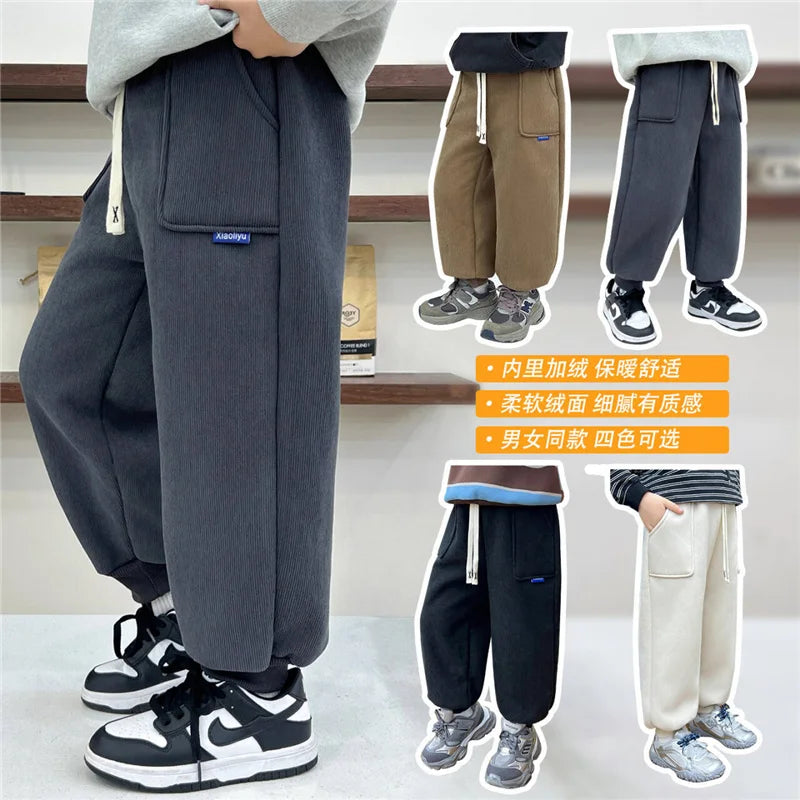 Boys Girls Fleece Line Pants Winter Children Thick Velvet Warm Trousers Autumn New Girls Elastic Solid Casual Sweatpants 2-12Y