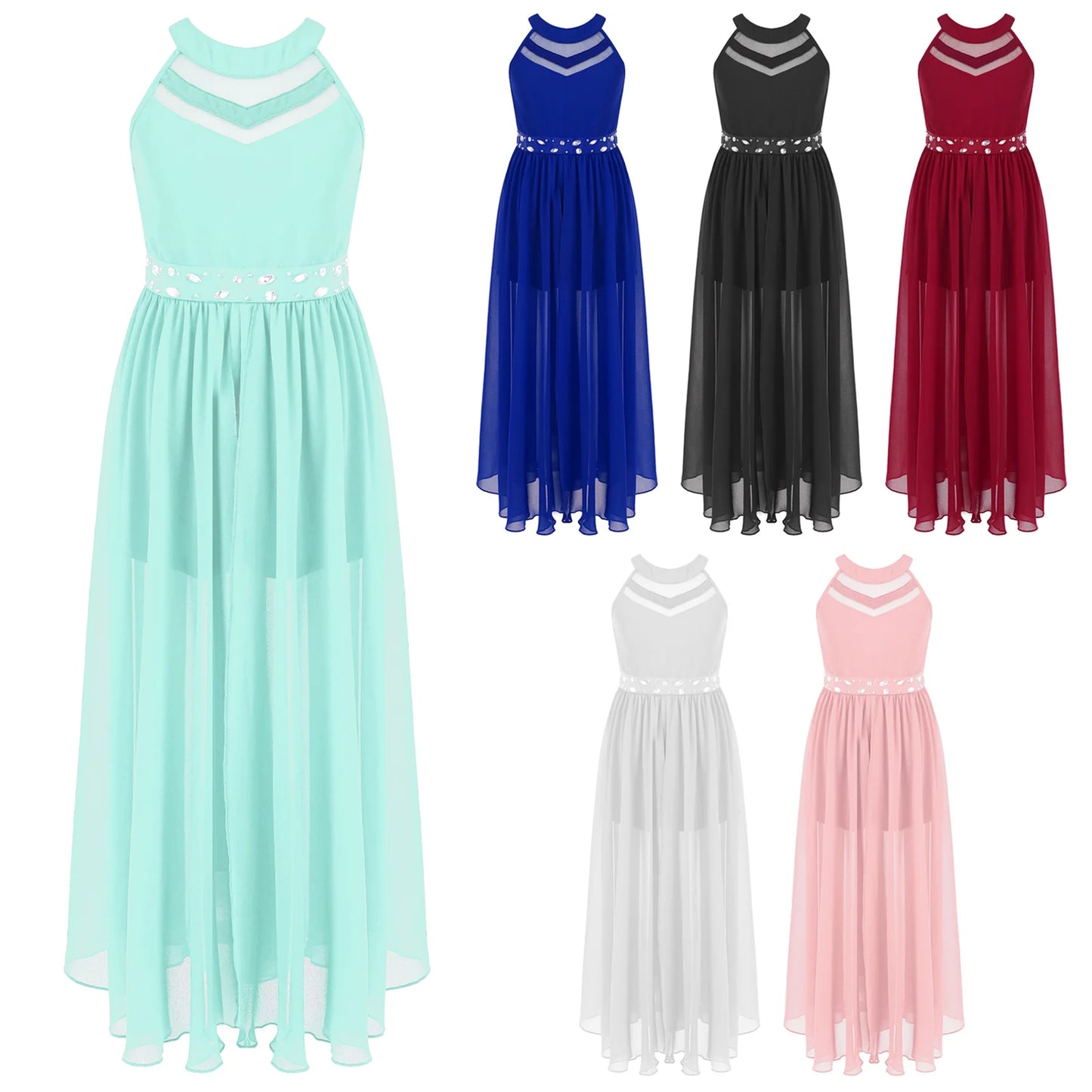 Children's Girls Maxi Romper Dress Sleeveless Floral Lace Rhinestone vestidos Kids Performance Dance Dress Girls Summer Dress