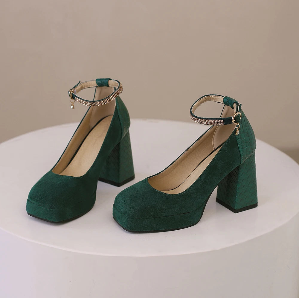 Punk Platform High Heels Women's  Ankle Strap Mary Janes Shoes Woman Luxury Green Beige block Heeled Party Shoes Chunky Pumps