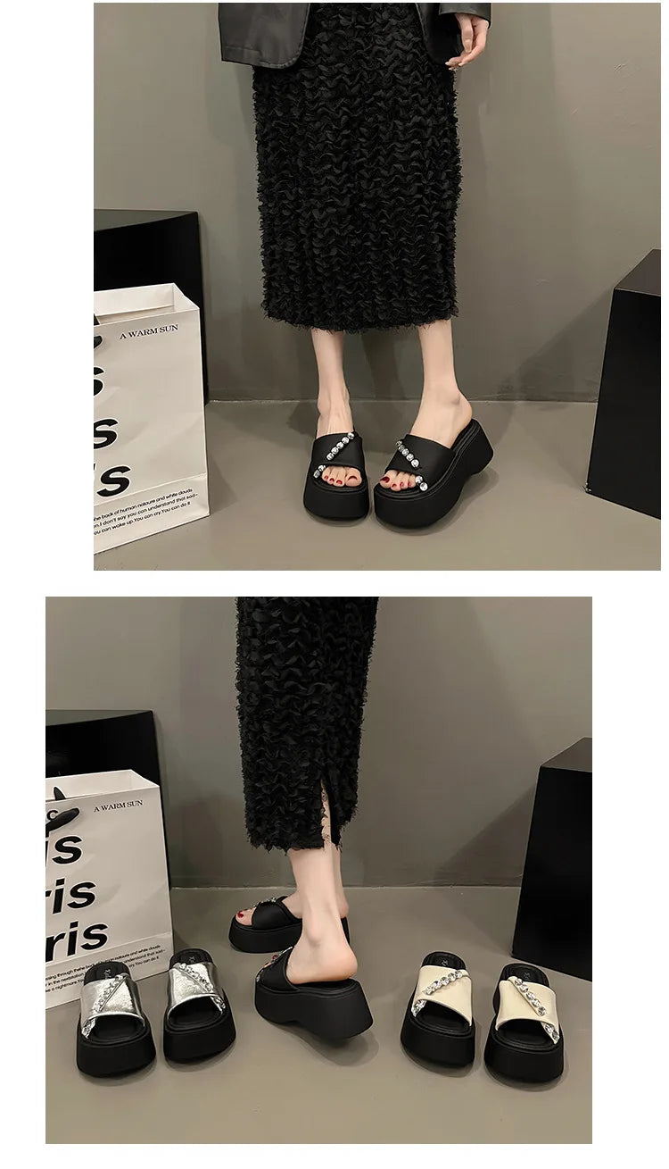 2024 Rhinestones Summer Sandals for Women Fashion Outdoor Wear Slippers high-end Thick Soled Shoes Ladies Elegant Beach Sandals