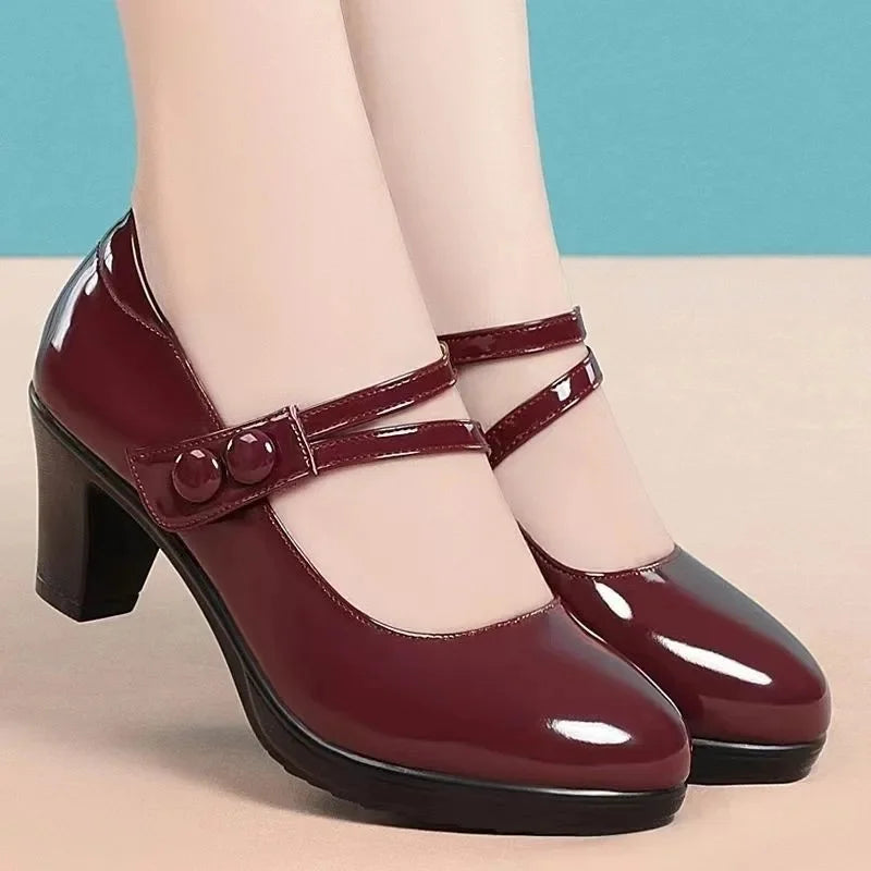 Fall 2025 Women's Low Cut Single Shoes High Heel Buckle Strap Thick Heel Qipao Show Mom Shoes round Toe Rubber Outsole PU Leathe