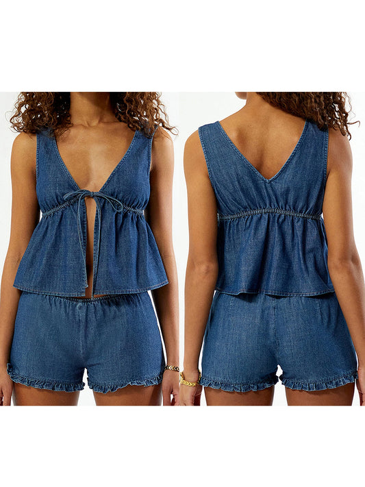 Women s Denim Ensemble Stylish Deep V Neck Tank Top with Tie Front Detail and Elastic Waist Ruffle Shorts - 2 Piece Set for
