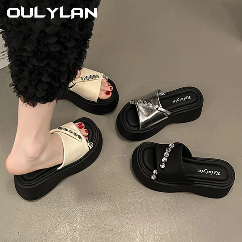 2024 Rhinestones Summer Sandals for Women Fashion Outdoor Wear Slippers high-end Thick Soled Shoes Ladies Elegant Beach Sandals