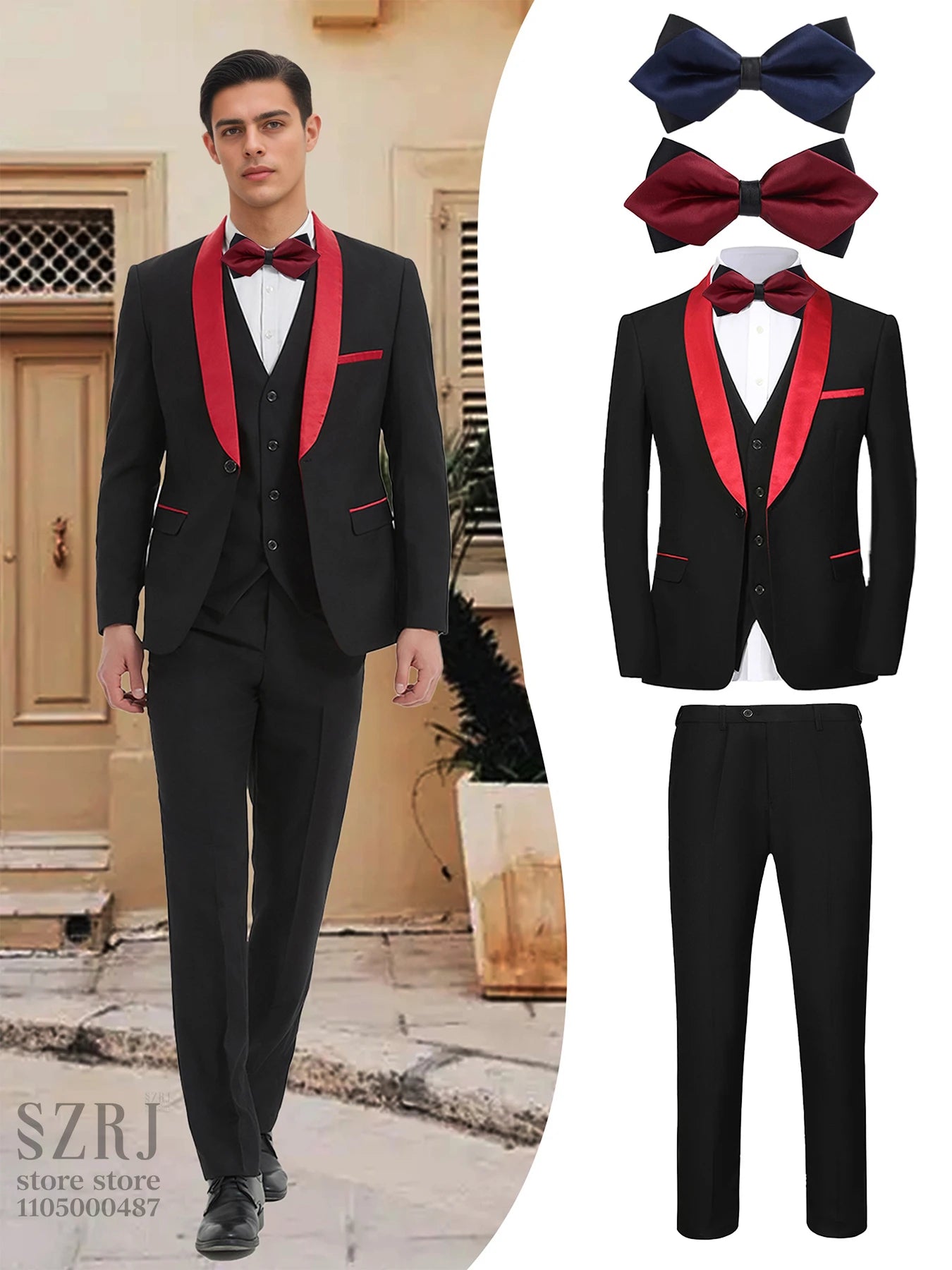 Men's 5-Piece Business Suit Set: Jacket+Vest+Pants+2 Bow Ties (Red+Blue).Premium, Tailored， For Parties, Weddings, Business.