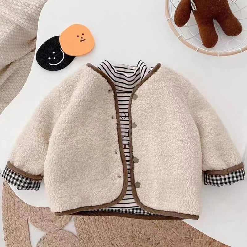 0-6 Years Children's Autumn Winter Warm Double-Side Wear Jacket Girls Fashion Plaid Plush Coat Boys Thicken Outerwear