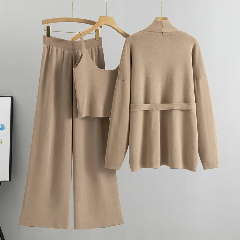 2025 Loose Casual Fashion Set Elegant Women's Spring And Autumn Knitted Cardigan Jacket Camisole Wide Leg Pants Three Piece Set