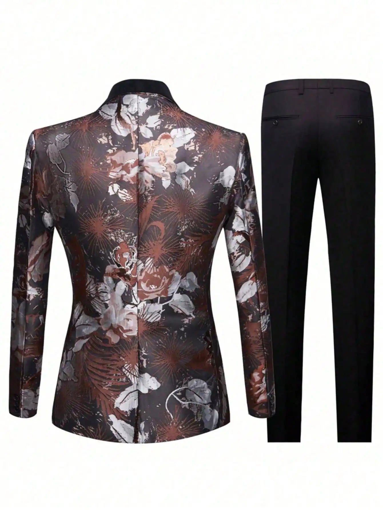 Men's three-piece suit set in regular cut and pattern, including patterned suit jacket, vest, and pants for banquet wear