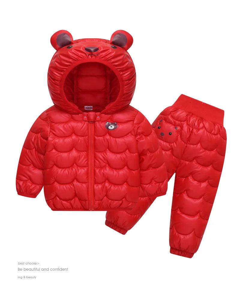 2023 New Children's Winter Set Boys and Girls' Down Coat Cartoon Bear Hooded Coat+Pants Baby Snow Thickened Warm Set 0-5Y